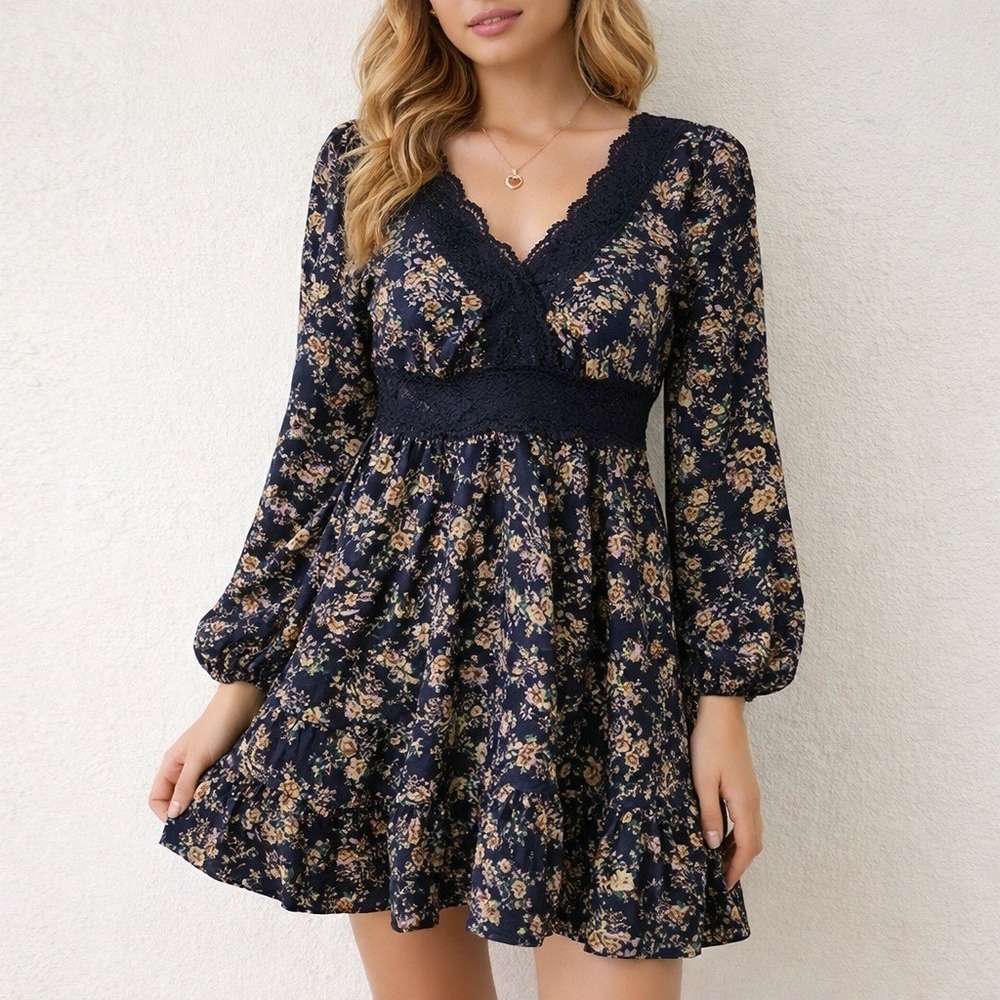 SHEIN Floral Lace V-Neck Mini Dress Womens Sz M Navy Boho‎ Cottagecore fairycore